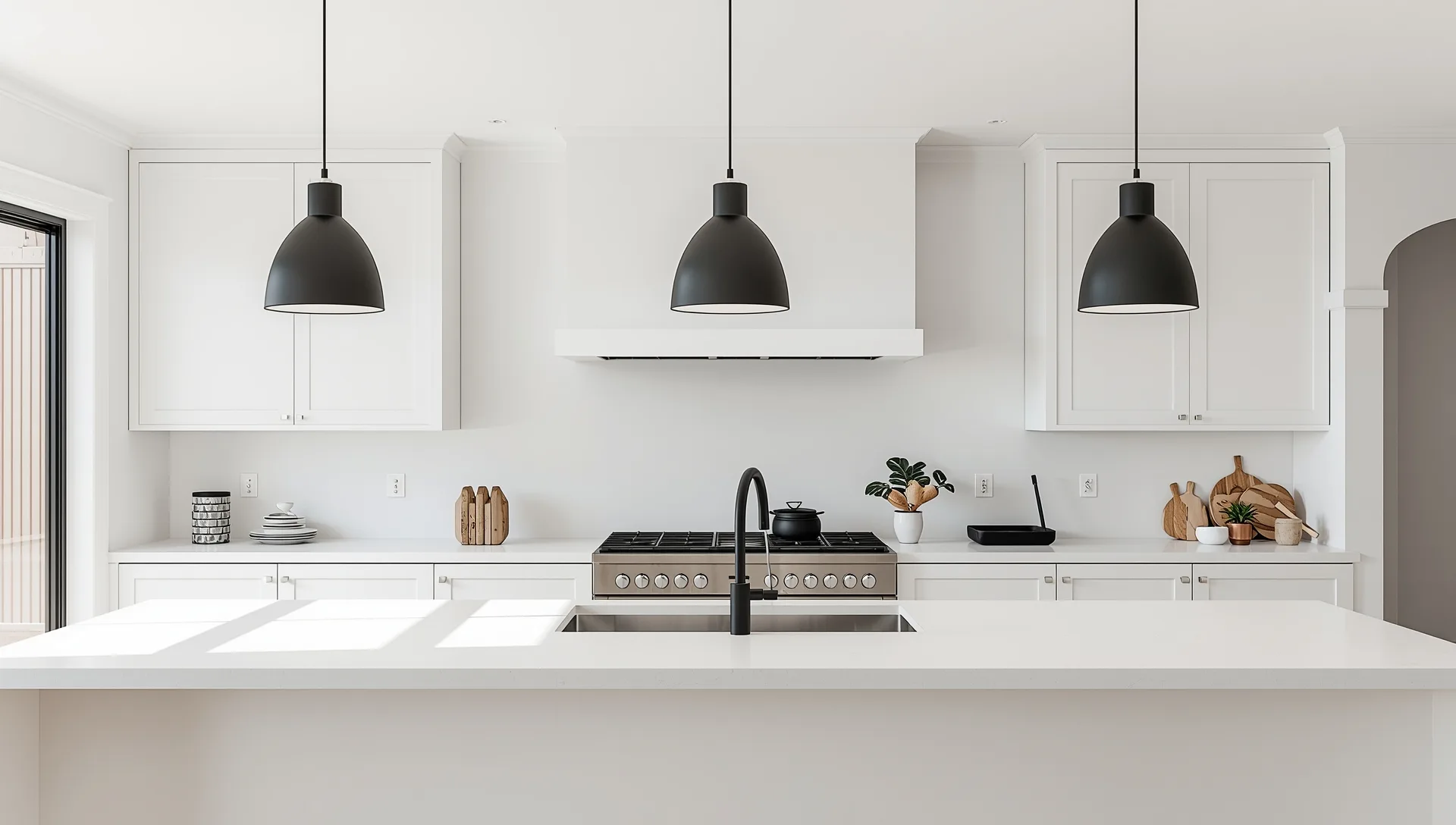 Three black cone pendants evenly spaced over a long kitchen island
