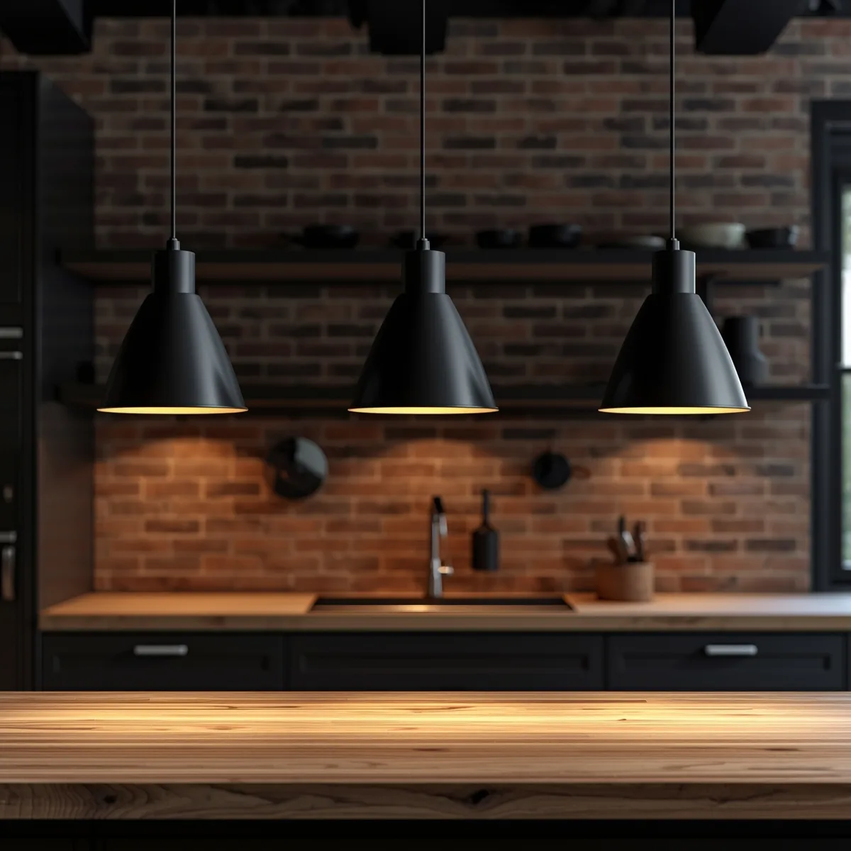 Matte black cone pendants throwing crisp downlight on a butcher-block counter