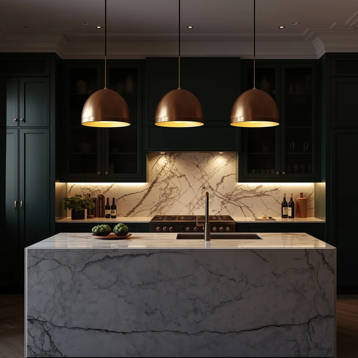 Brass pendant lights glowing over a white marble kitchen island at dusk