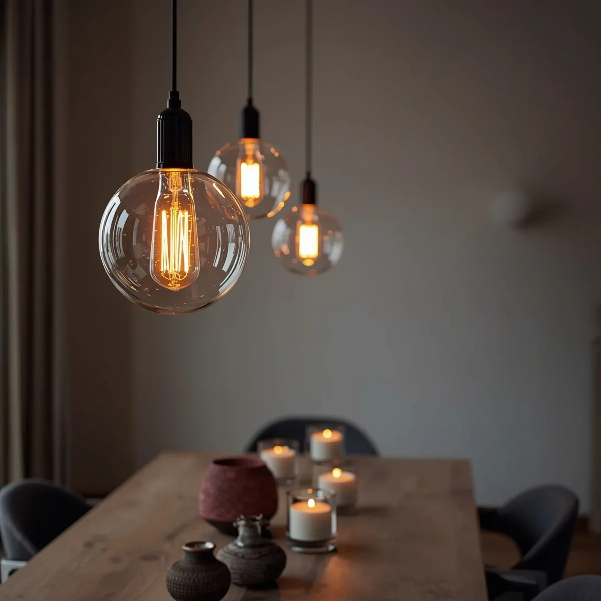 Clear glass globe pendants with visible filament bulbs above a wooden dining table