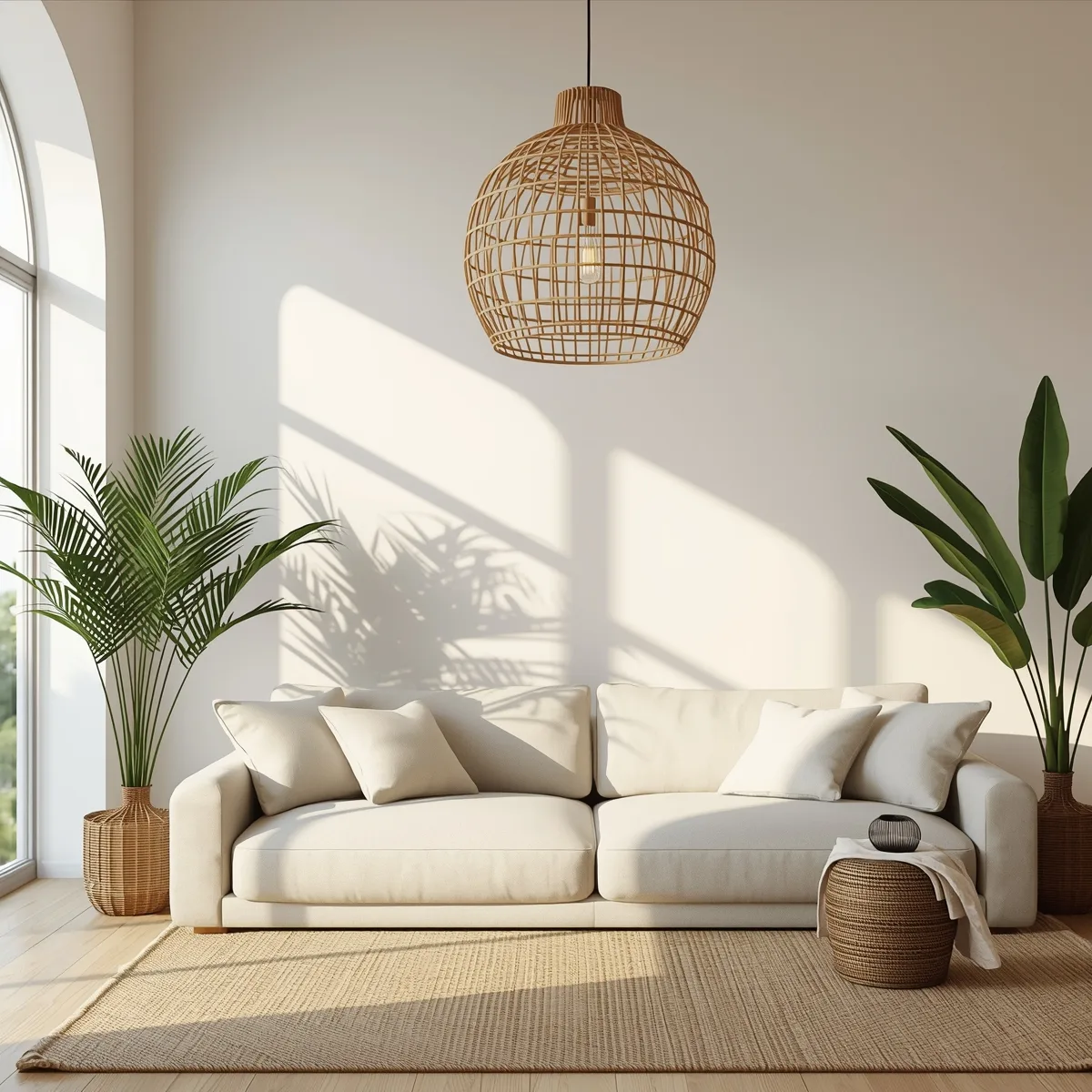 Woven rattan pendant light casting patterned shadows in a bright coastal living room