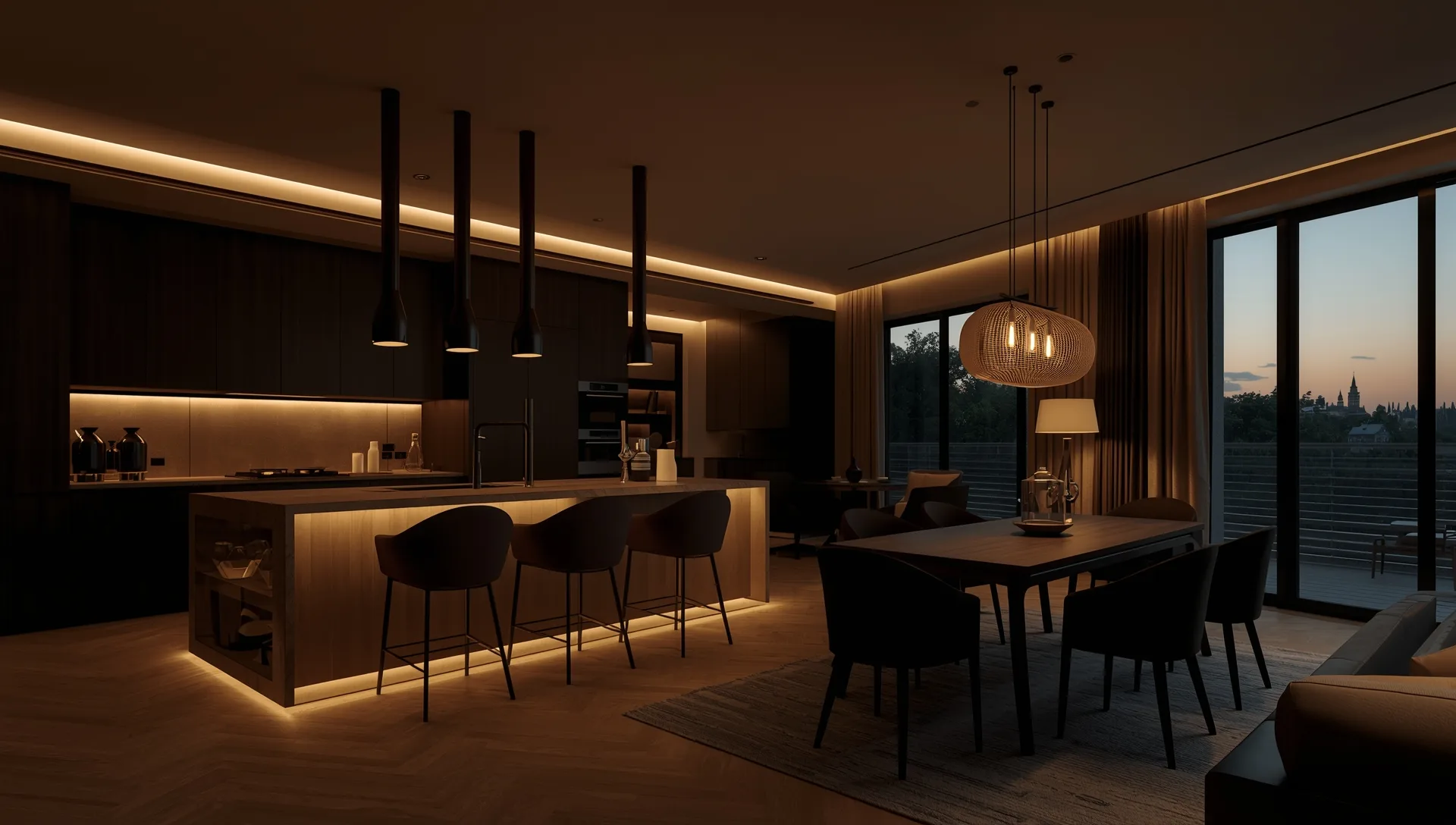 Living room at dusk with layered warm pendant and accent lighting