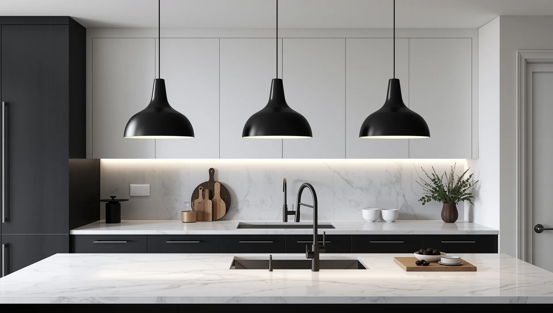 Three matte black cone pendants over a kitchen island with spacing template visible on counter