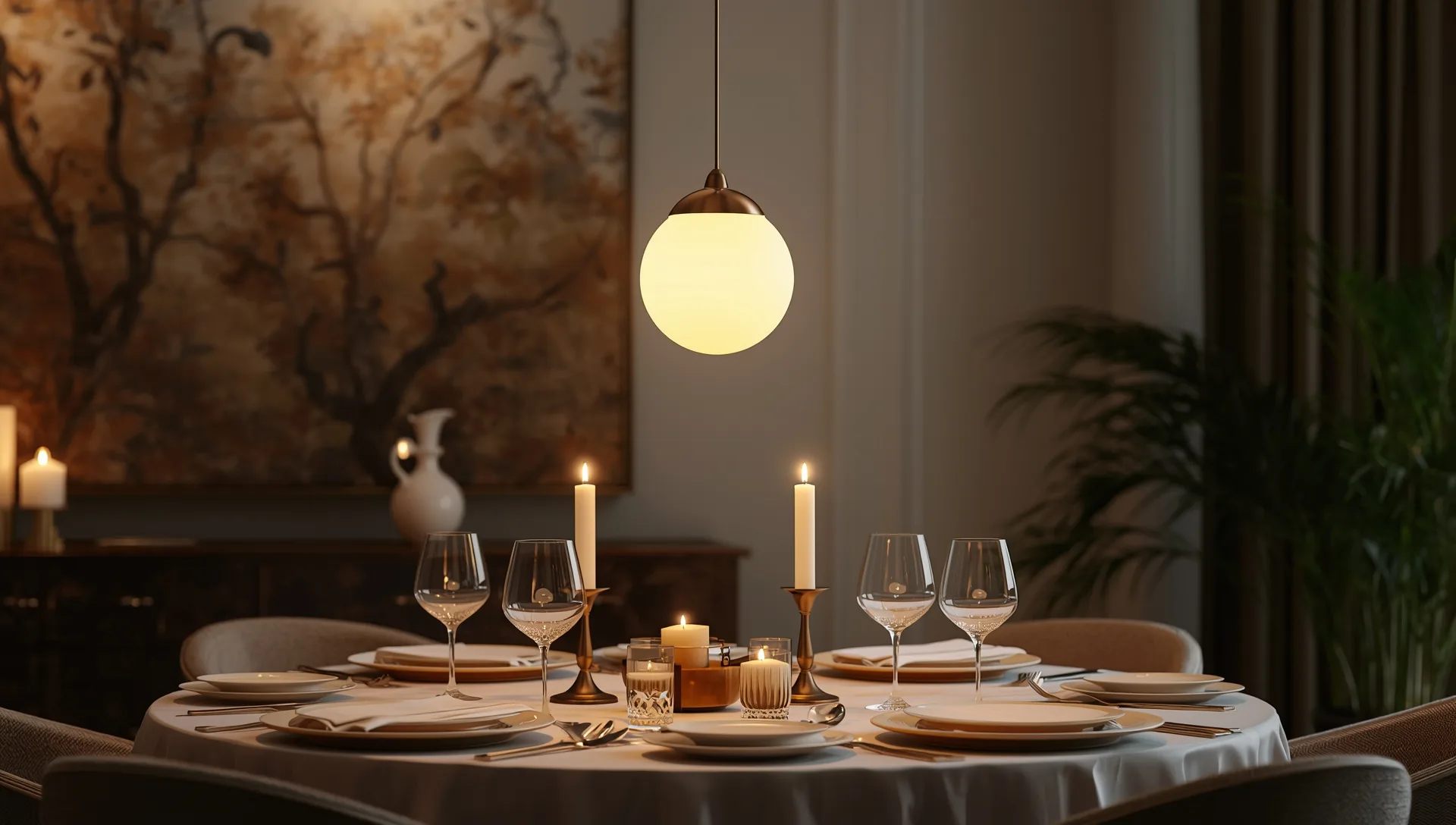 Brass and opal globe pendant glowing above a set dining table
