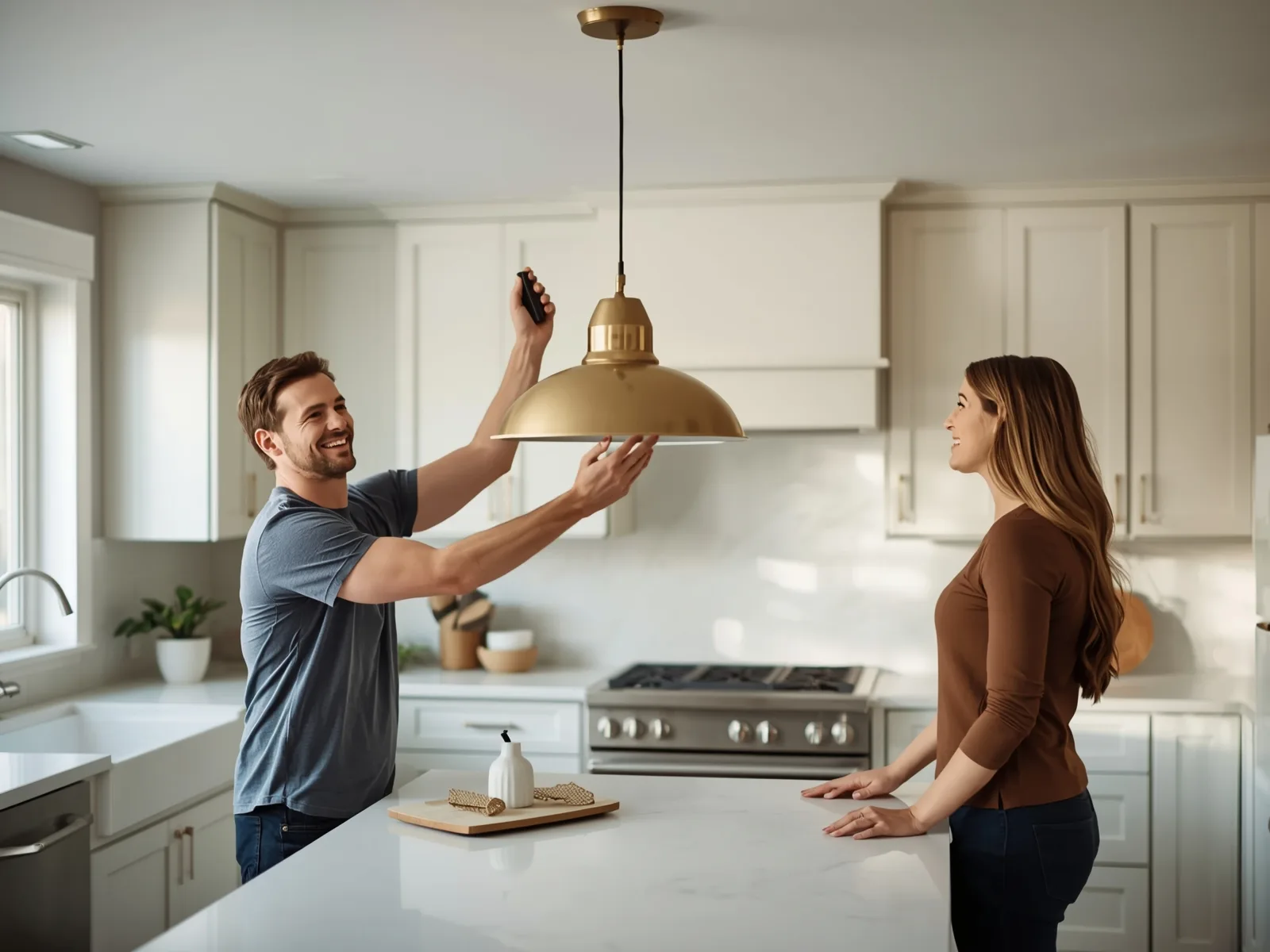 Couple holding a pendant light at test height over their kitchen island while deciding placement